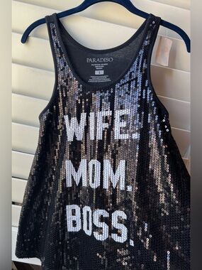 Paradiso New/Tags Small Sequin Tank Top - Black 'WIFE. MOM. BOSS.'